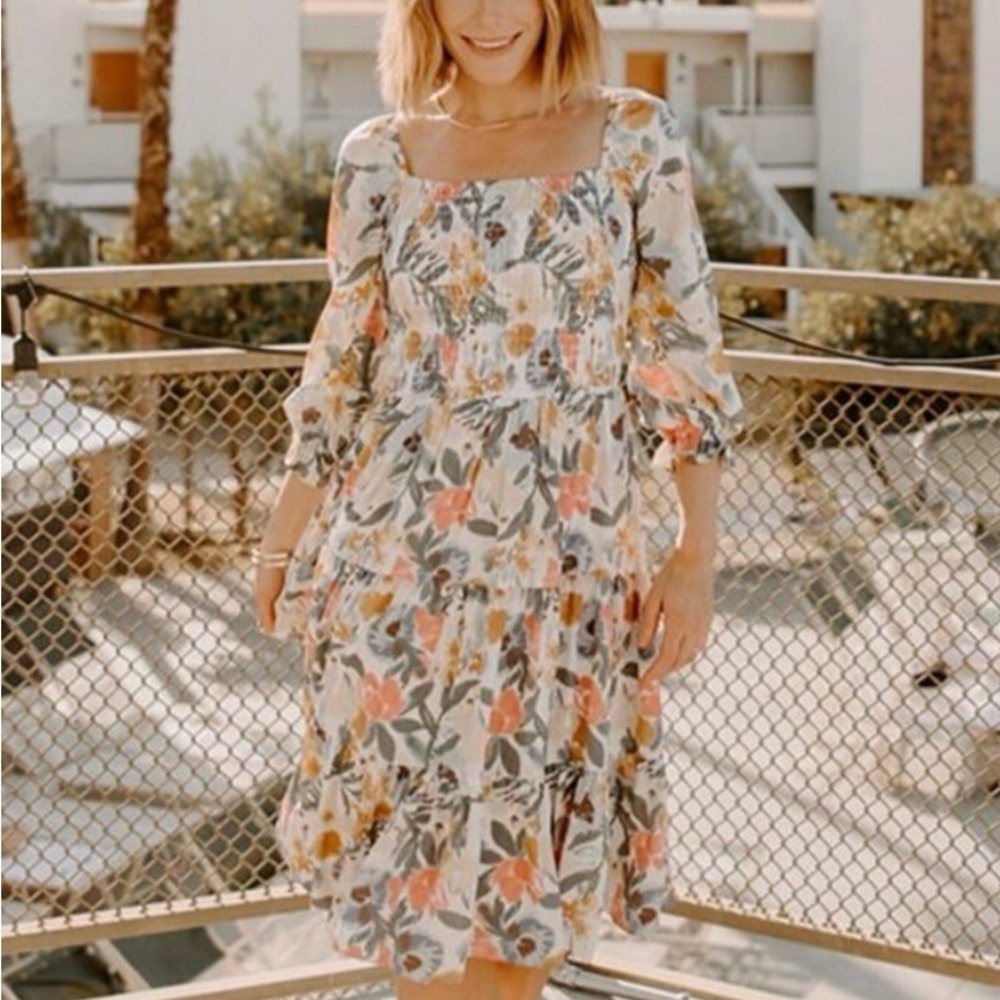 Baltic Born Balloon Sleeve Marta Smocked Midi A-Line Dress Multicolor Floral XXL